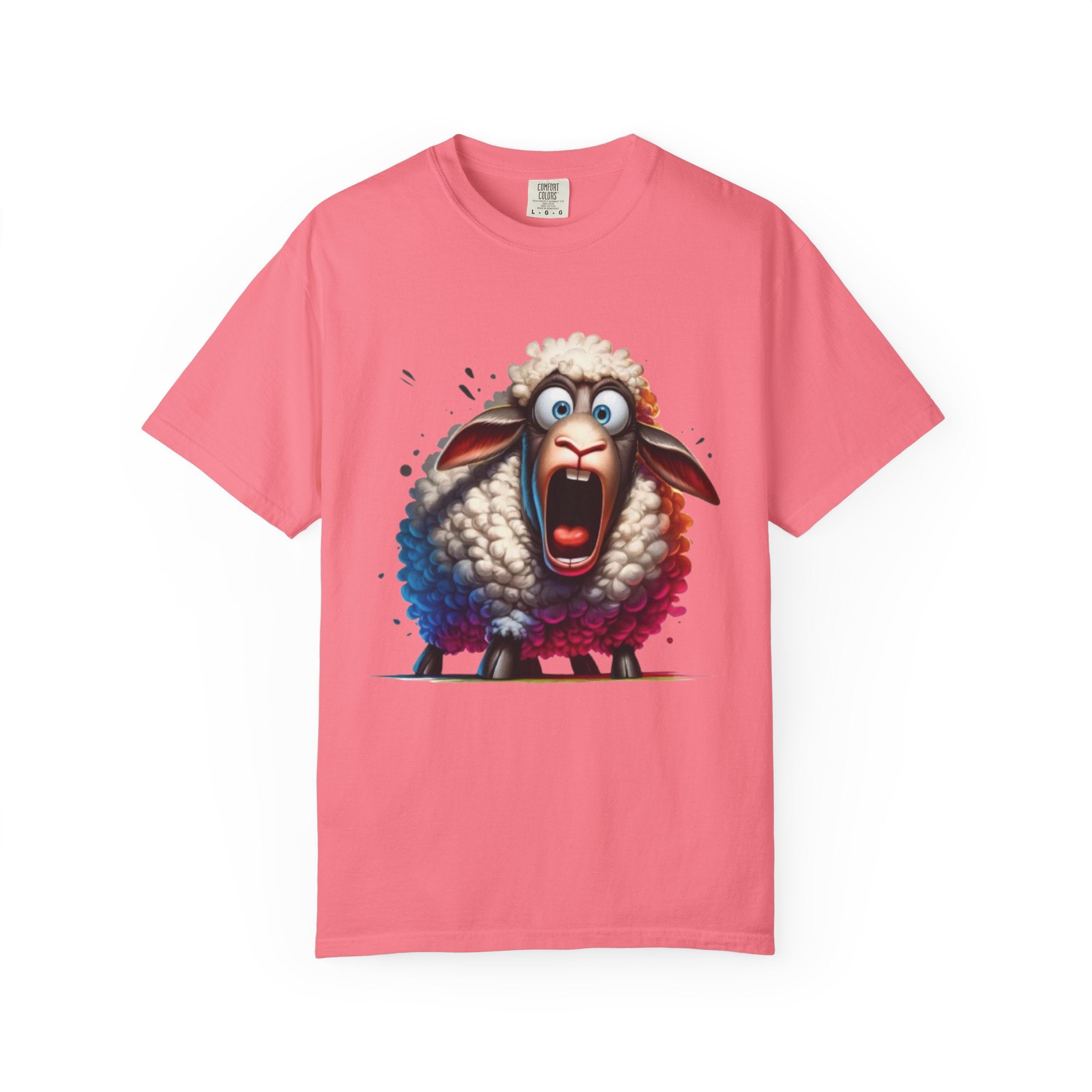 Funny Shocked Sheep T-Shirt | Cartoon Sheep Graphic Tee | Vibrant Art Design