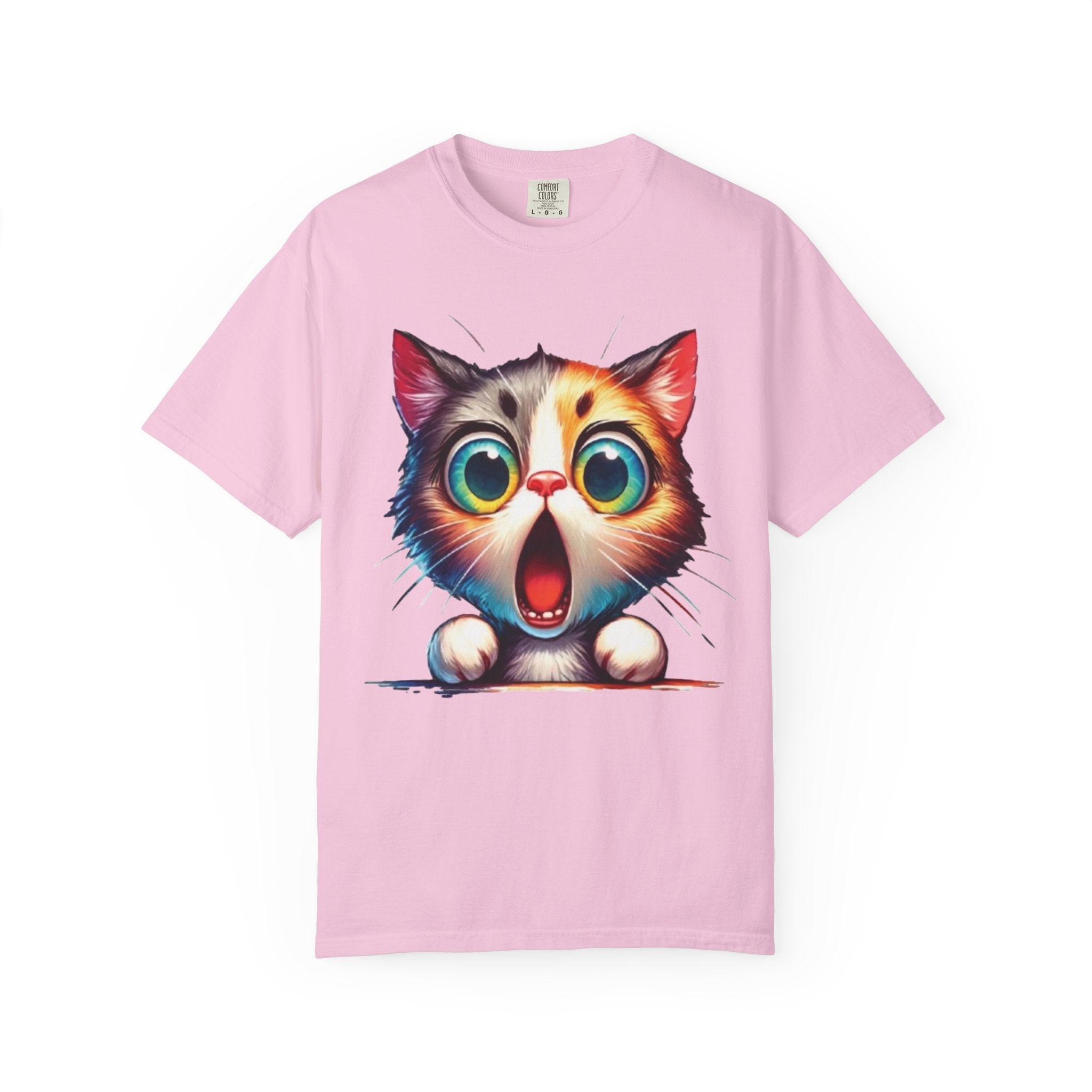 Surprised Kitty Cartoon T-Shirt | Vibrant Big-Eyed Cat Design | Color Pop Animal Graphic Tee