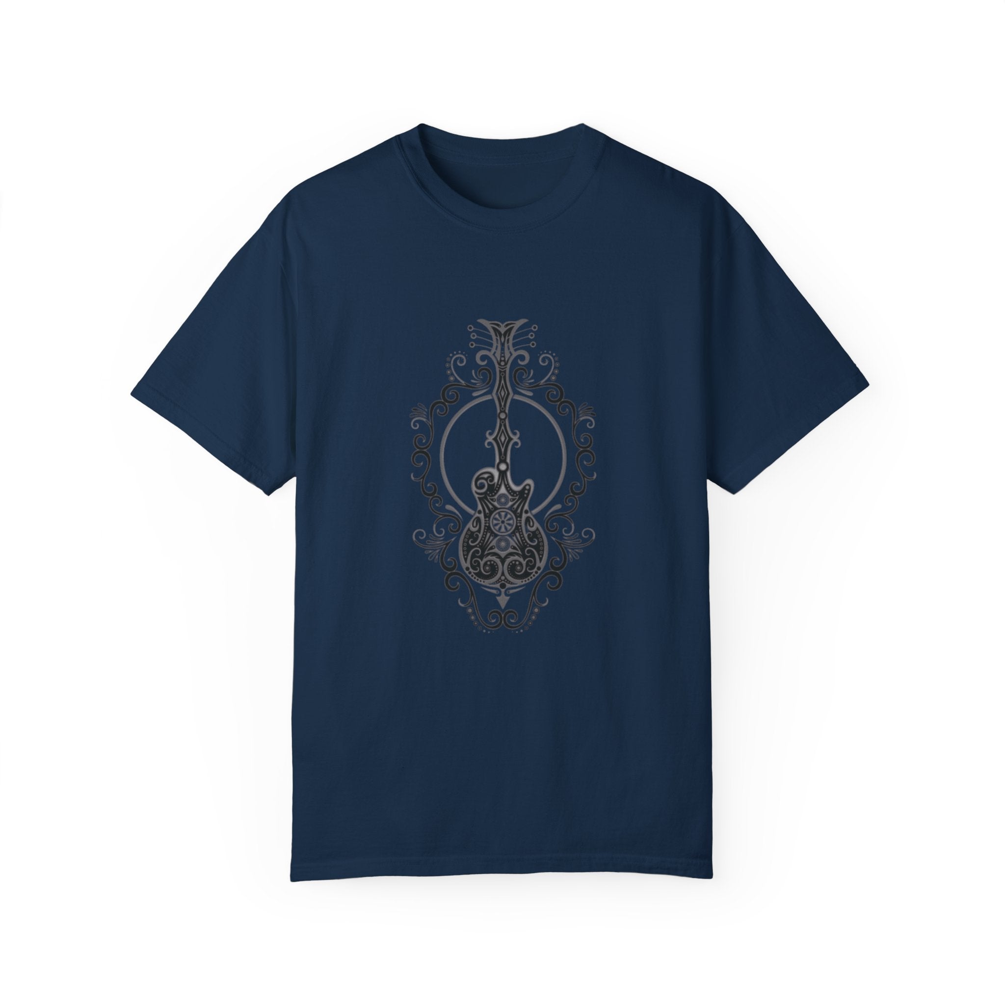 Intricate Dark Electric Guitar T-Shirt – Artistic Rock-Inspired Design for Musicians
