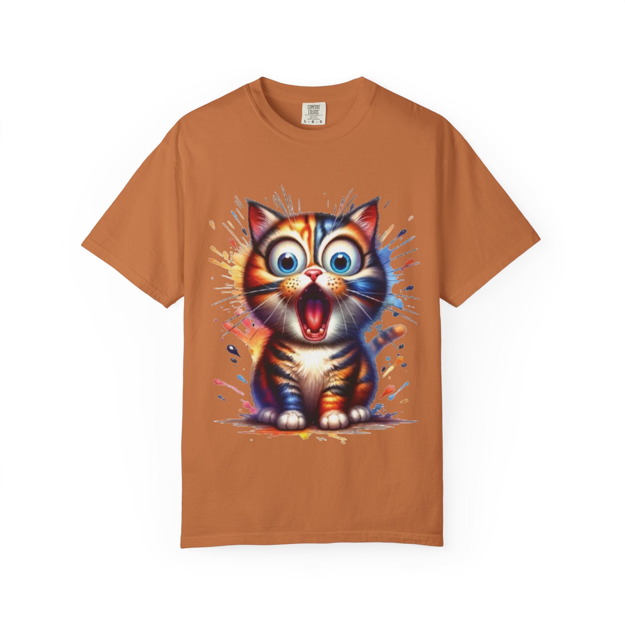 Cat-astrophic Surprise – Funny Wide-Eyed Kitty Design Graphic Tshirt