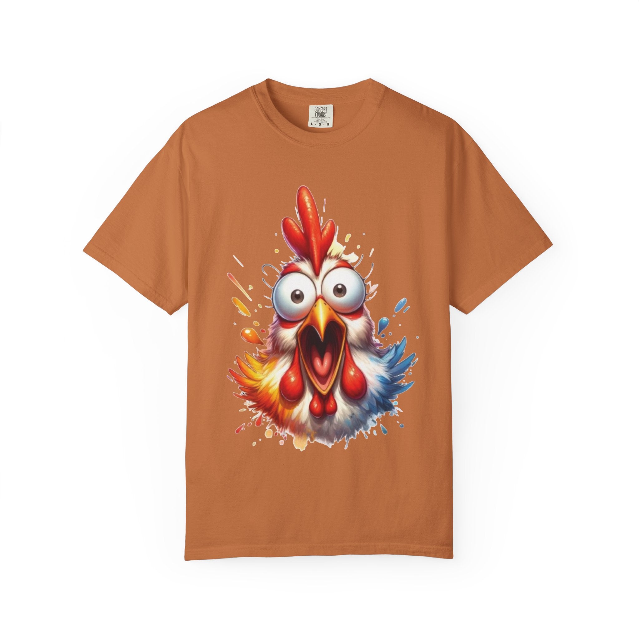 Funny Rooster Cartoon T-Shirt | Vibrant Shocked Chicken Design | Color Burst Animal Tee