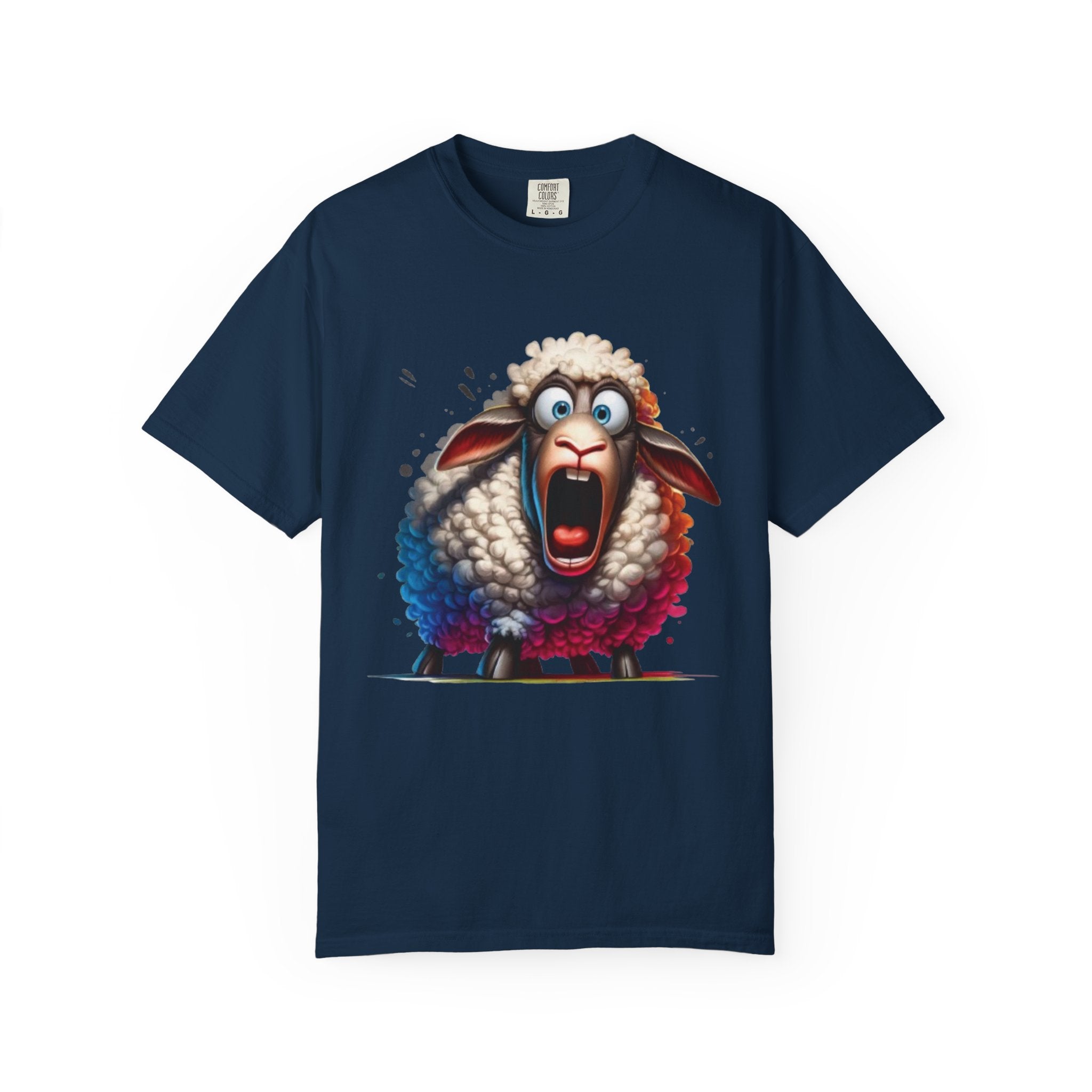 Funny Shocked Sheep T-Shirt | Cartoon Sheep Graphic Tee | Vibrant Art Design