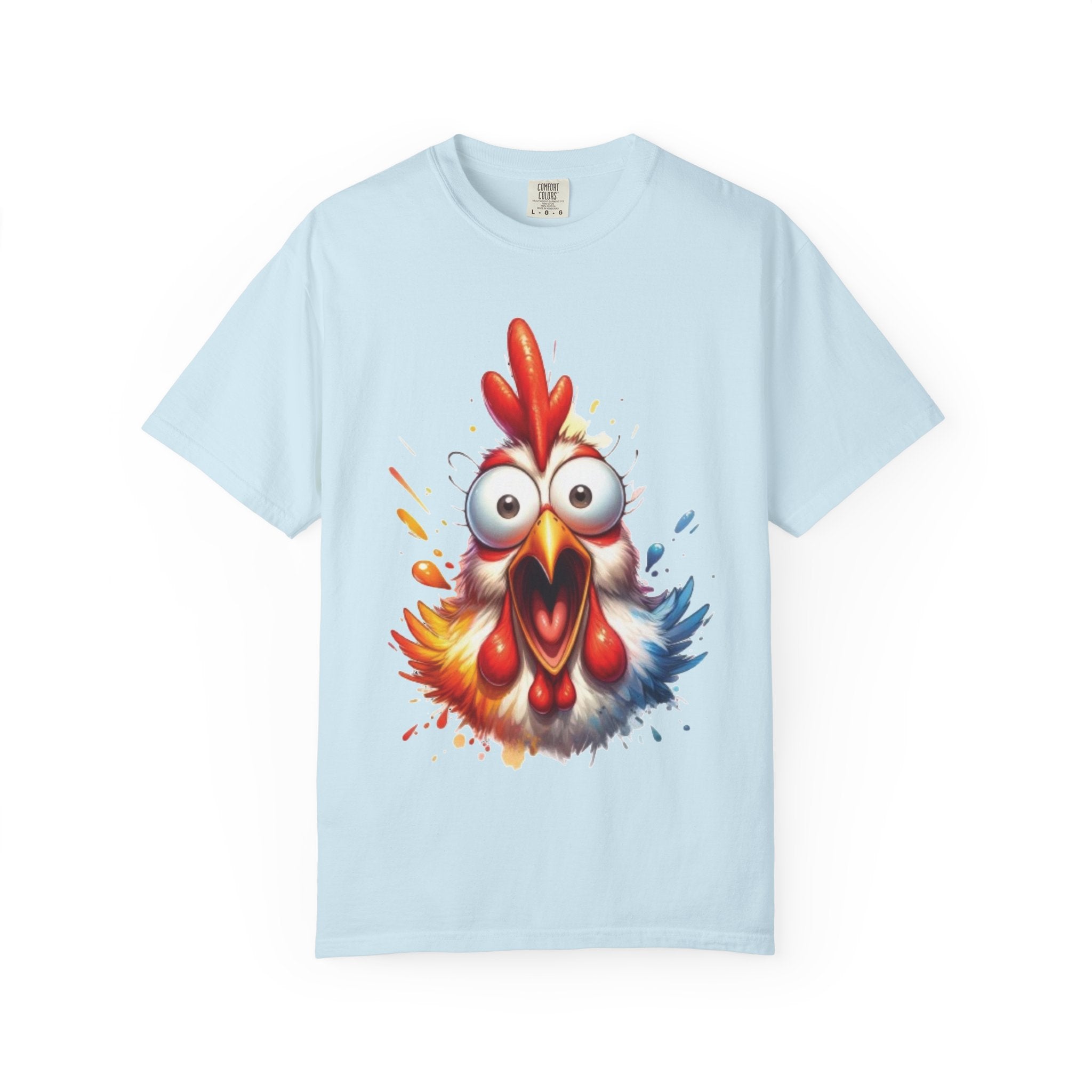 Funny Rooster Cartoon T-Shirt | Vibrant Shocked Chicken Design | Color Burst Animal Tee