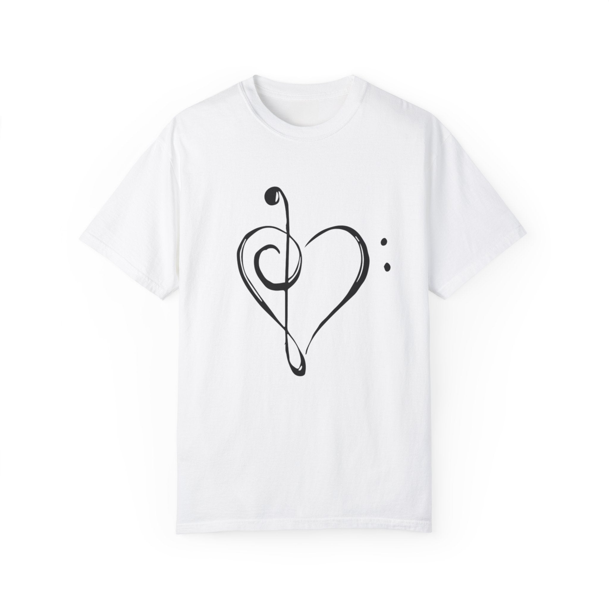 Love Music T-Shirt – Treble & Bass Clef Heart Design on Black Tee