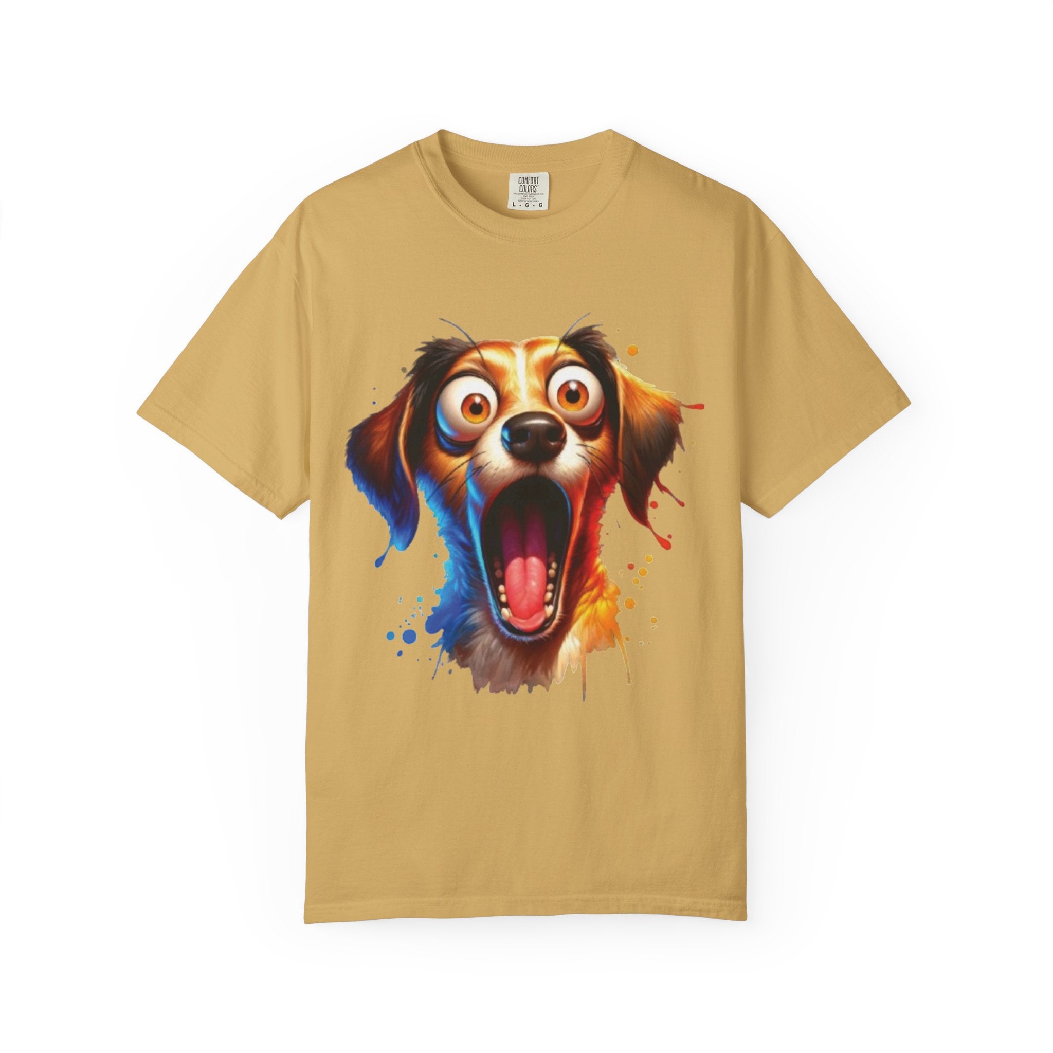 Funny Shocked Dog T-Shirt | Colorful Cartoon Pup Graphic Tee | Vibrant Splash Art