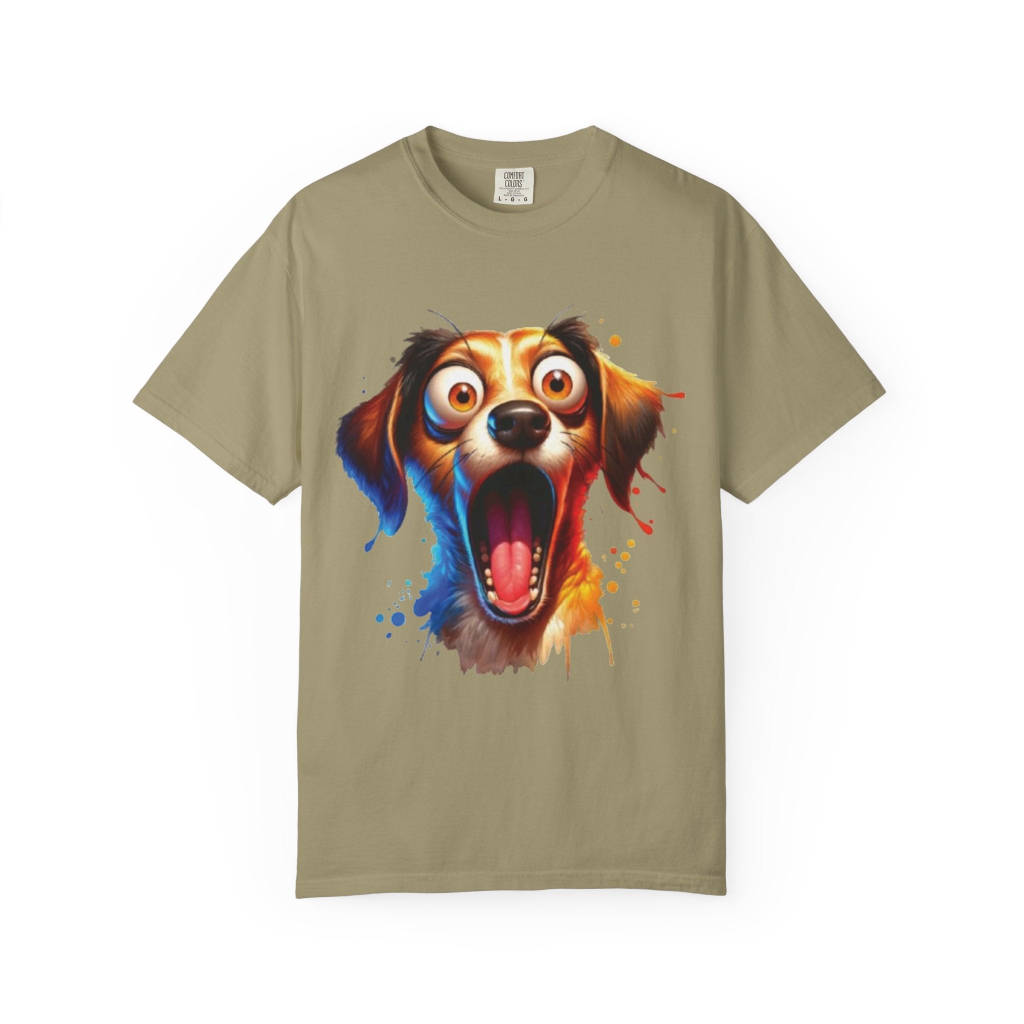 Funny Shocked Dog T-Shirt | Colorful Cartoon Pup Graphic Tee | Vibrant Splash Art