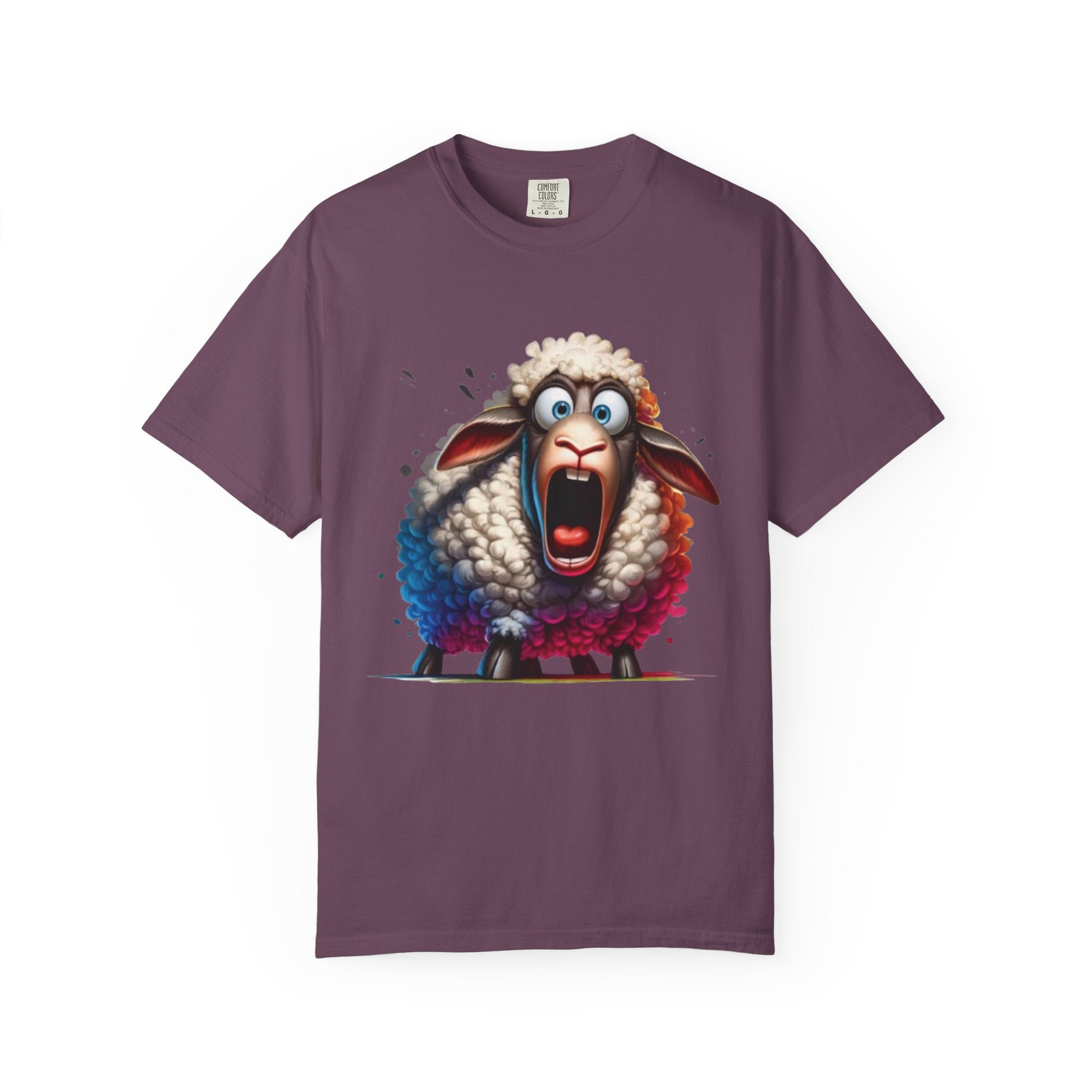 Funny Shocked Sheep T-Shirt | Cartoon Sheep Graphic Tee | Vibrant Art Design