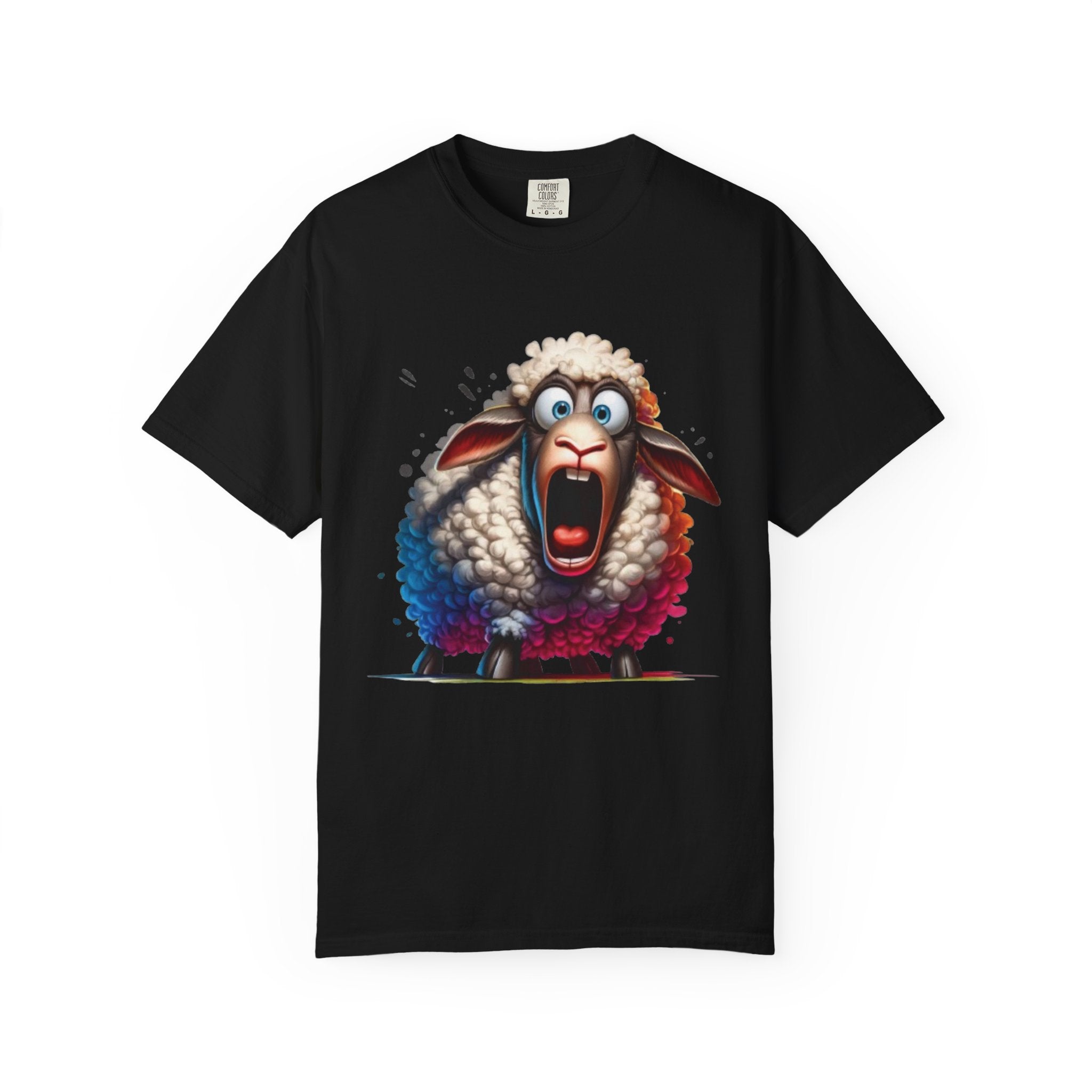 Funny Shocked Sheep T-Shirt | Cartoon Sheep Graphic Tee | Vibrant Art Design